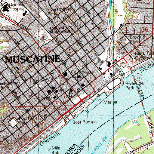 Topographic Map of Muscatine, IA