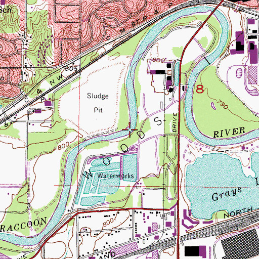 Topographic Map of Waterworks Park, IA