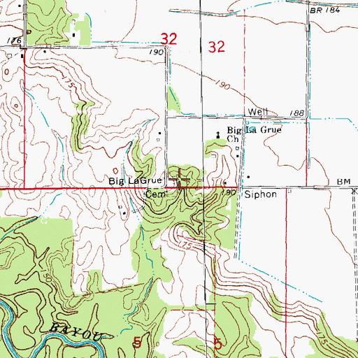 Topographic Map of Big La Grue Cemetery, AR