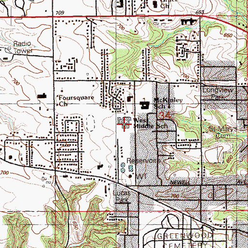Topographic Map of West Middle School, IA