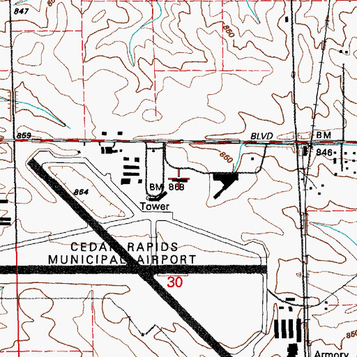 Topographic Map of The Eastern Iowa Airport, IA