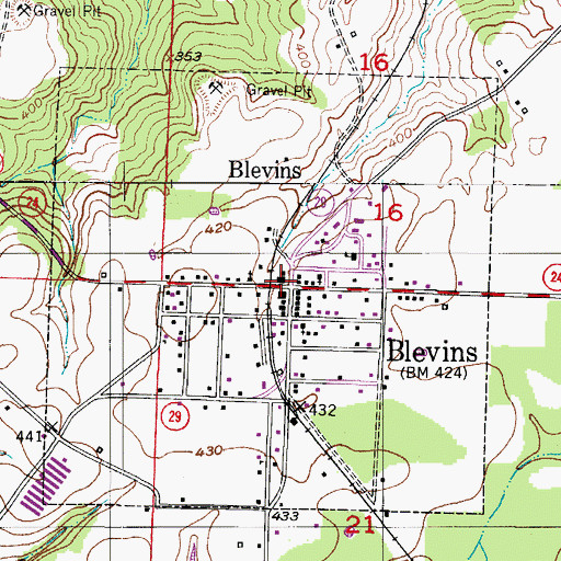 Topographic Map of Blevins, AR