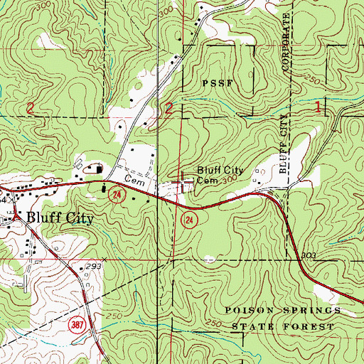Topographic Map of Bluff City Cemetery, AR