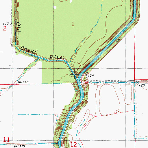 Topographic Map of Old Boeuf River, AR