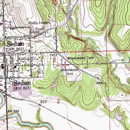 Topographic Map of Greenwood Cemetery, KS