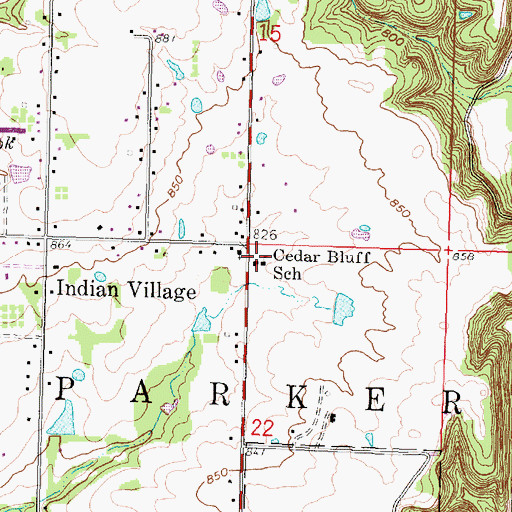 Topographic Map of Cedar Bluff School, KS