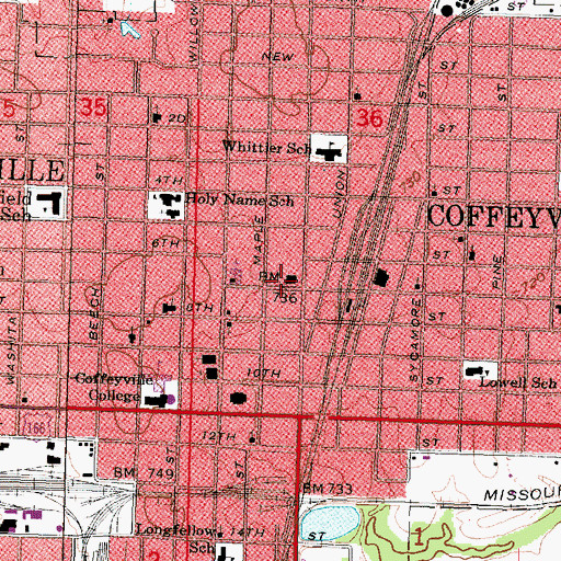 Topographic Map of Coffeyville, KS