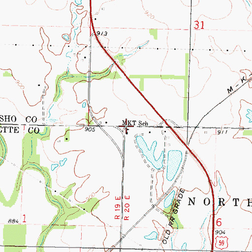 Topographic Map of M K T School, KS