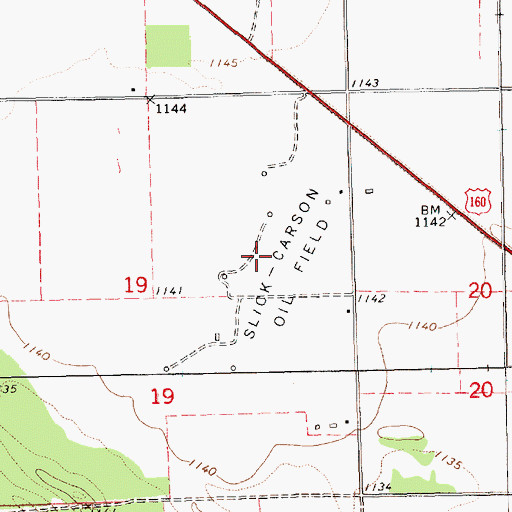 Topographic Map of Slick-Carson Oil Field, KS