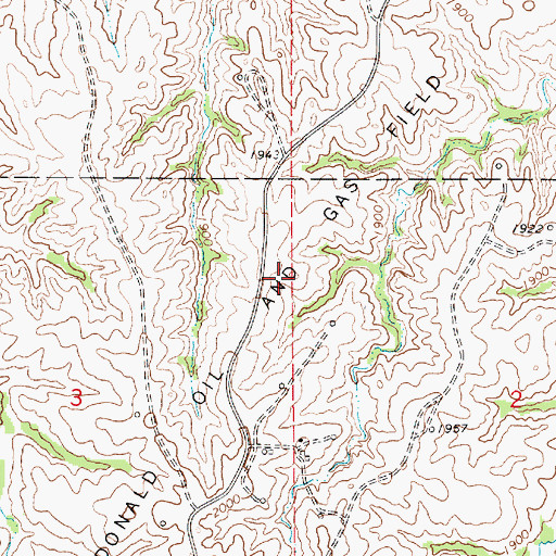 Topographic Map of Donald Oil and Gas Field, KS