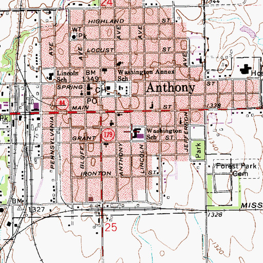 Topographic Map of Anthony Elementary School, KS