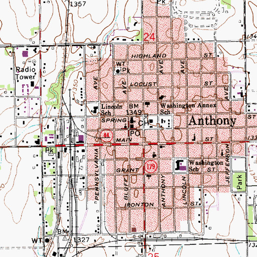Topographic Map of Anthony, KS