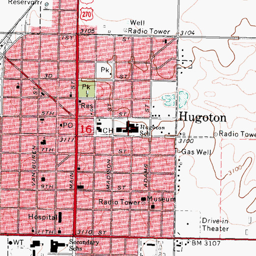 Topographic Map of Hugoton Elementary School, KS