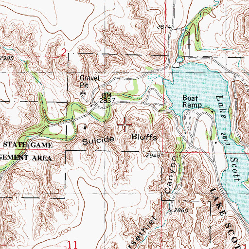 Topographic Map of Suicide Bluffs, KS