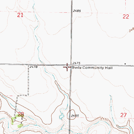 Topographic Map of Buda Community Hall, KS