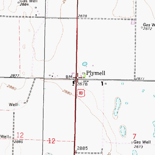 Topographic Map of Plymell, KS