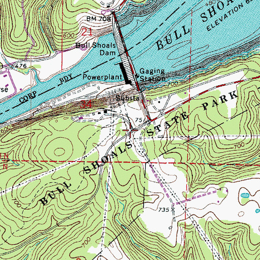 Topographic Map of Bull Shoals State Park, AR