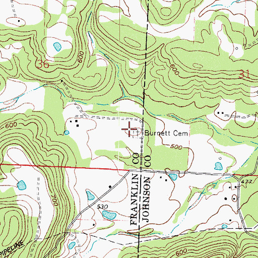 Topographic Map of Burnett Cemetery, AR