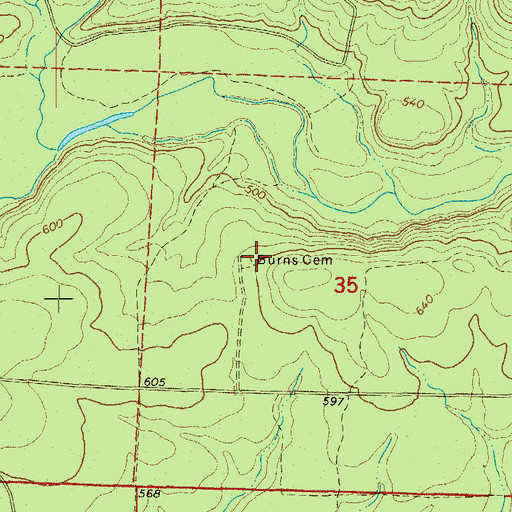 Topographic Map of Burns Cemetery, AR