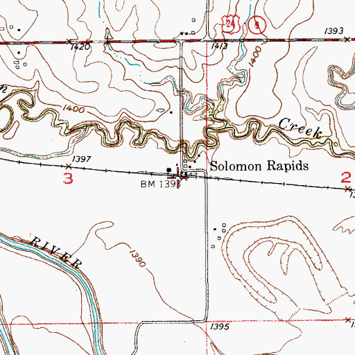 Topographic Map of Solomon Rapids, KS