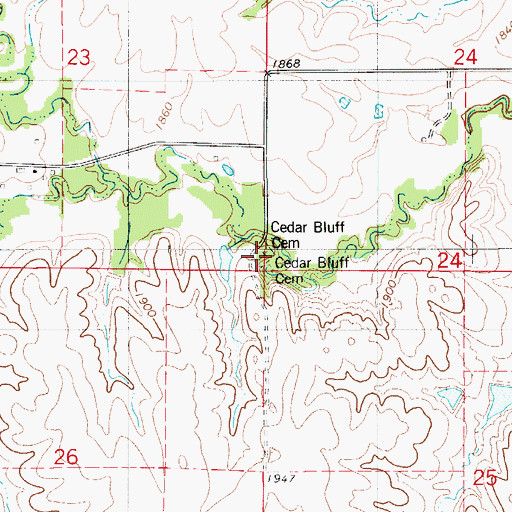 Topographic Map of Cedar Bluff Cemetery, KS