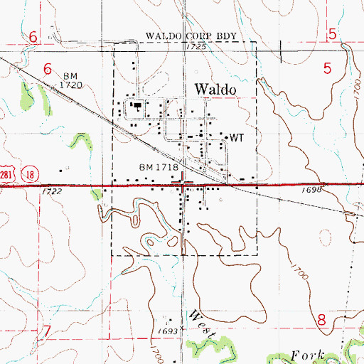 Topographic Map of Waldo, KS