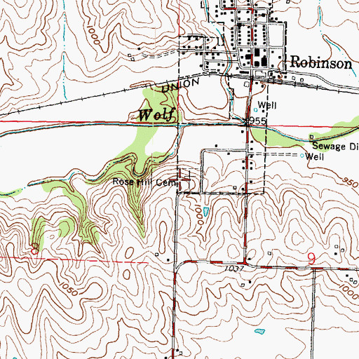 Topographic Map of Rose Hill Cemetery, KS
