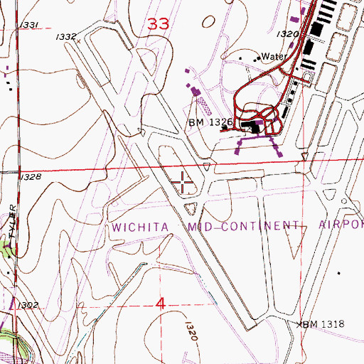 Topographic Map of Wichita Dwight D Eisenhower National Airport, KS