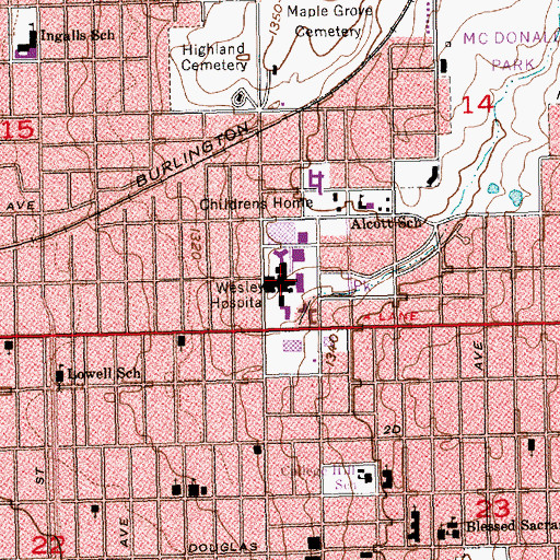 Topographic Map of Wesley Medical Center, KS