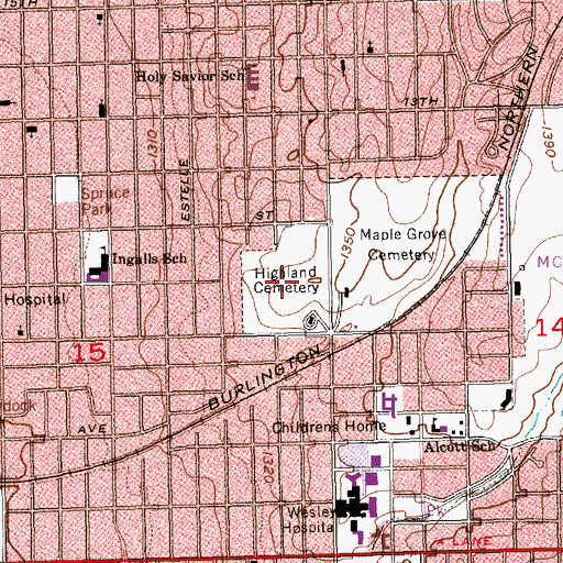 Topographic Map of Highland Cemetery, KS