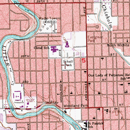 Topographic Map of Schell Park, KS