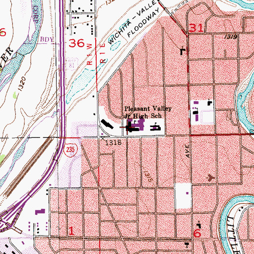 Topographic Map of Pleasant Valley Middle School, KS