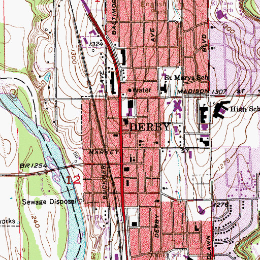 Topographic Map of Derby, KS
