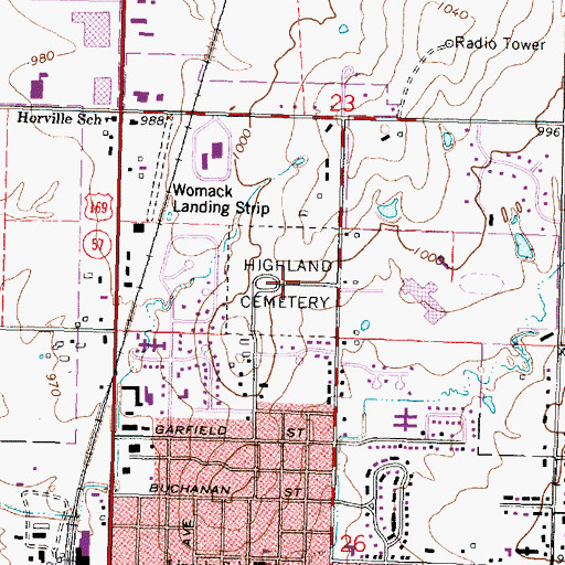 Topographic Map of Highland Cemetery, KS