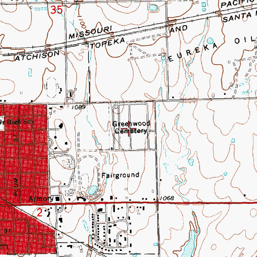 Topographic Map of Greenwood Cemetery, KS