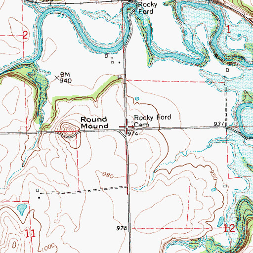 Topographic Map of Rocky Ford Cemetery, KS