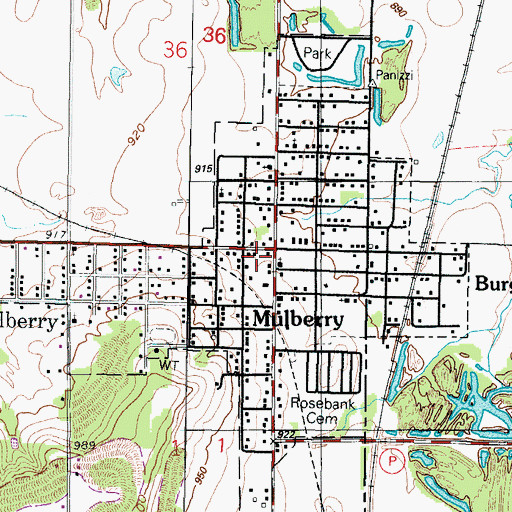 Topographic Map of Mulberry, KS