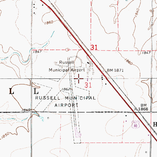 Topographic Map of Russell Municipal Airport, KS