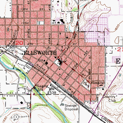 Topographic Map of Ellsworth, KS