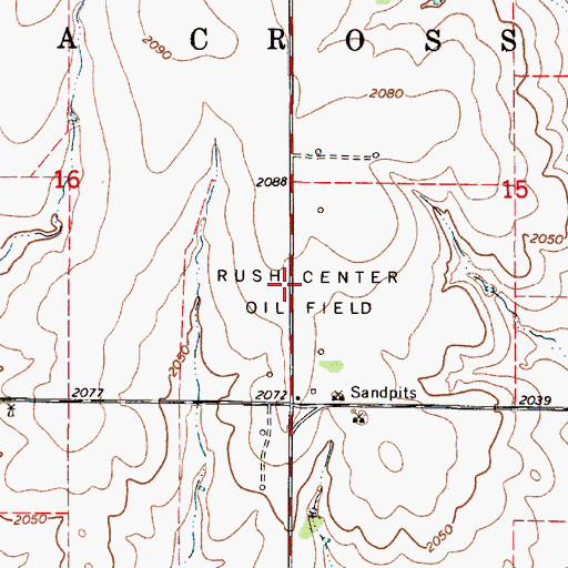 Topographic Map of Rush Center Oil Field, KS
