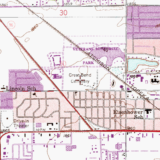 Topographic Map of Great Bend Cemetery, KS