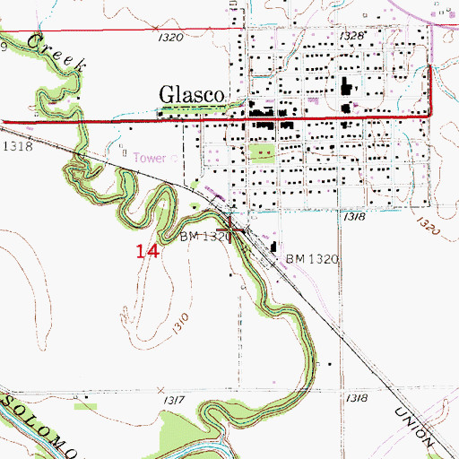 Topographic Map of Glasco, KS