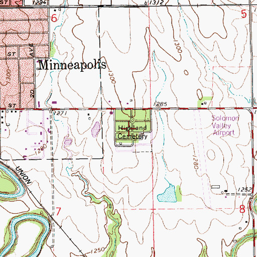 Topographic Map of Highland Cemetery, KS