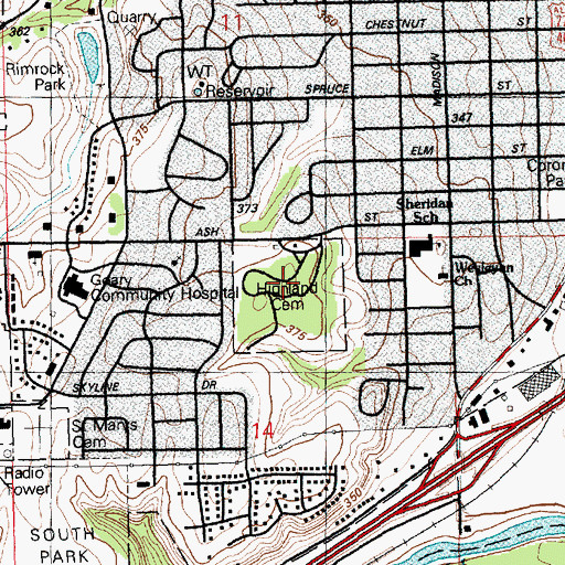 Topographic Map of Highland Cemetery, KS