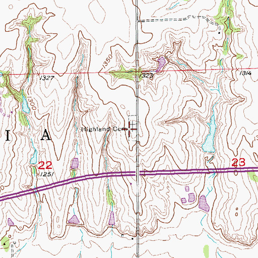 Topographic Map of Highland Cemetery, KS