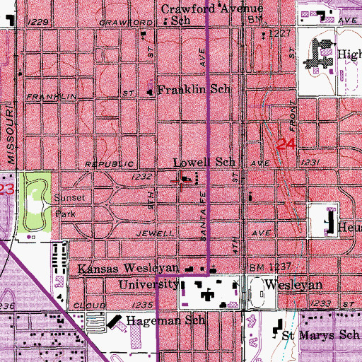 Topographic Map of Lowell Elementary School, KS