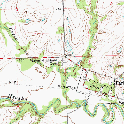 Topographic Map of Parker - Highland Cemetery, KS