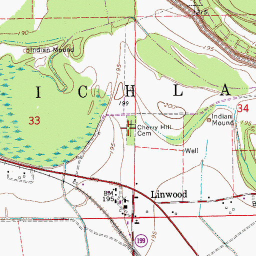 Topographic Map of Cherry Hill Cemetery, AR