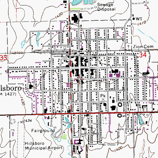 Topographic Map of Hillsboro, KS
