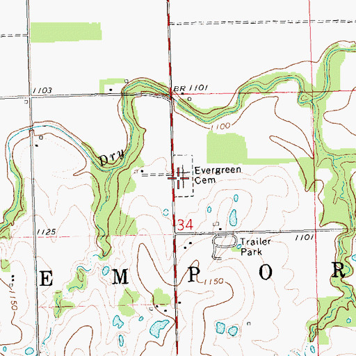 Topographic Map of Evergreen Cemetery, KS